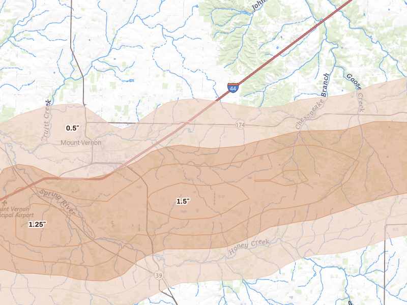Radar-estimated hail-size map of the storm over Mount Vernon, MO on Apr 27, 2026