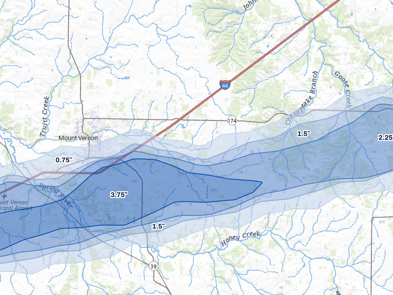 NEXRAD radar-signature map of the hail over Mount Vernon, MO