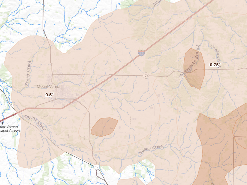 Radar-estimated hail-size map of the storm over Mount Vernon, MO on Apr 28, 2026
