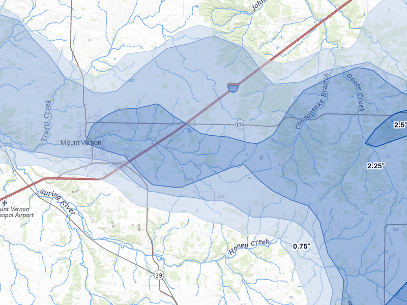 NEXRAD radar-signature map of the hail storm over Mount Vernon, MO on Apr 28, 2026