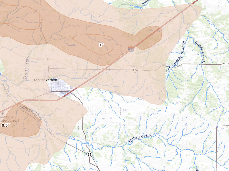 Radar-estimated hail-size map of the storm over Mount Vernon, MO on May 30, 2026