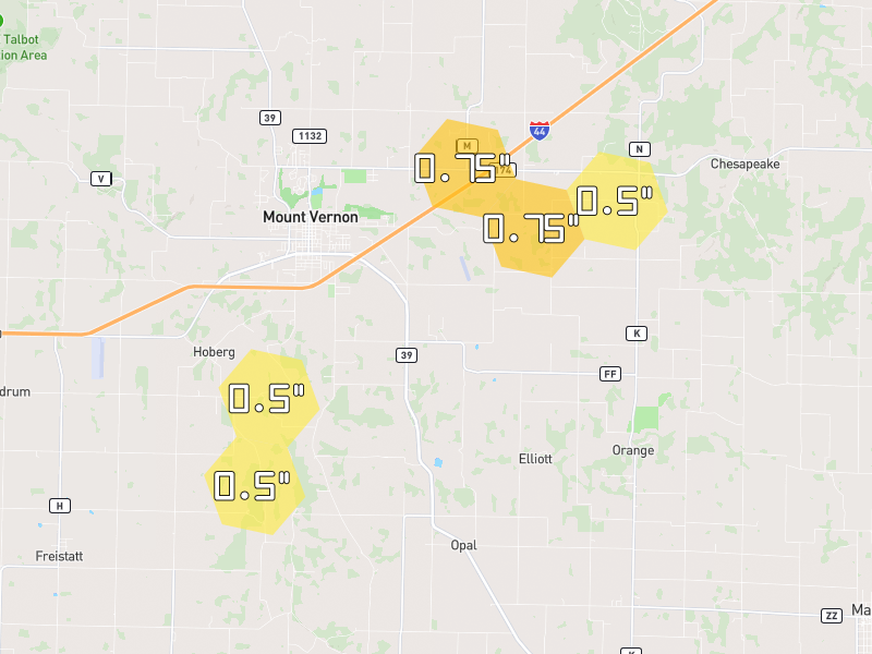 Hail map of Mount Vernon, MO on Jul 5, 2026, hail up to 0.75"