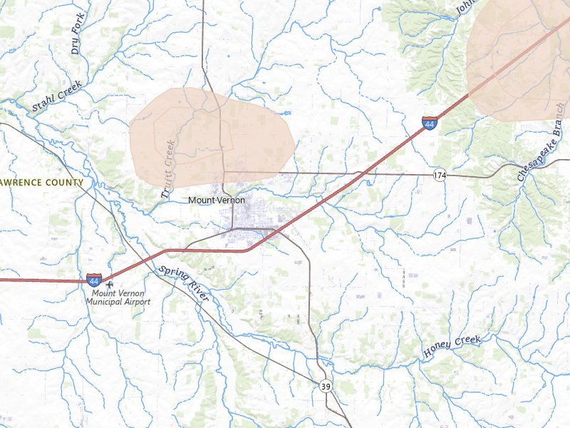Radar-estimated hail-size map of the storm over Mount Vernon, MO on Aug 6, 2026