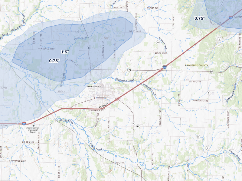 NEXRAD radar-signature map of the hail storm over Mount Vernon, MO on Aug 6, 2026
