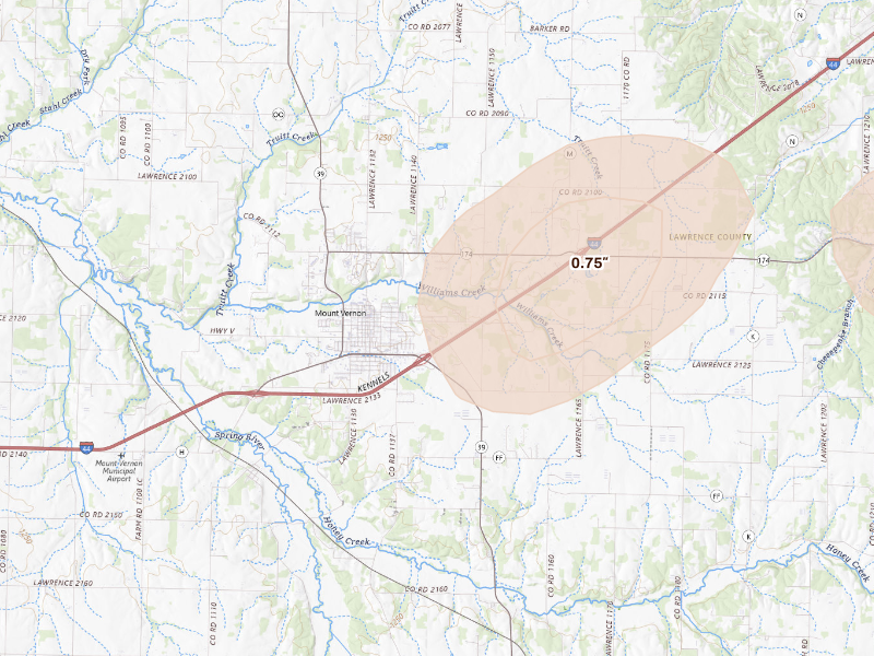 Radar-estimated hail-size map of the storm over Mount Vernon, MO