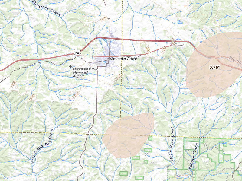 Radar-estimated hail-size map of the storm over Mountain Grove, MO on Mar 15, 2026