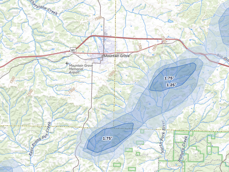 NEXRAD radar-signature map of the hail over Mountain Grove, MO