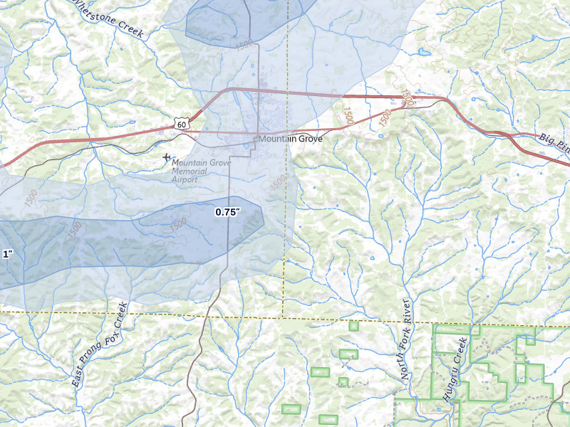 NEXRAD radar-signature map of the hail storm over Mountain Grove, MO on Apr 28, 2026