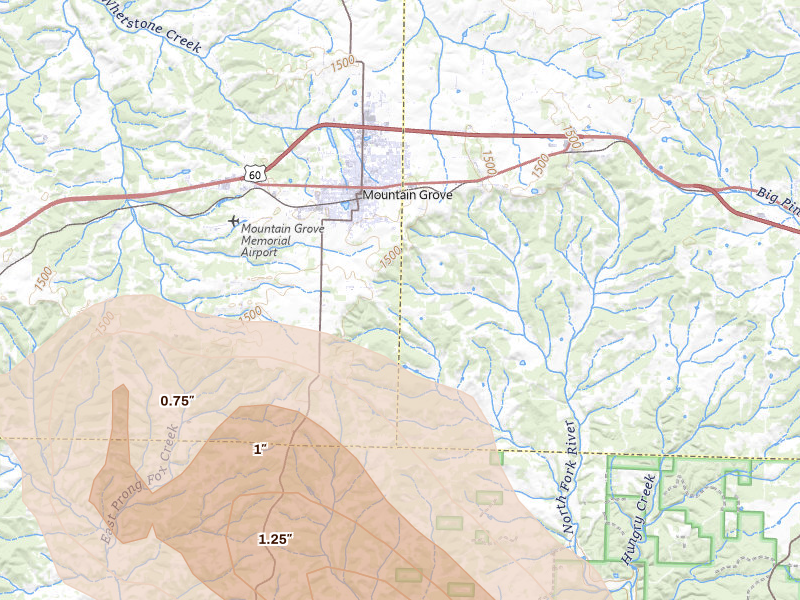 Radar-estimated hail-size map of the storm over Mountain Grove, MO on Jun 1, 2026