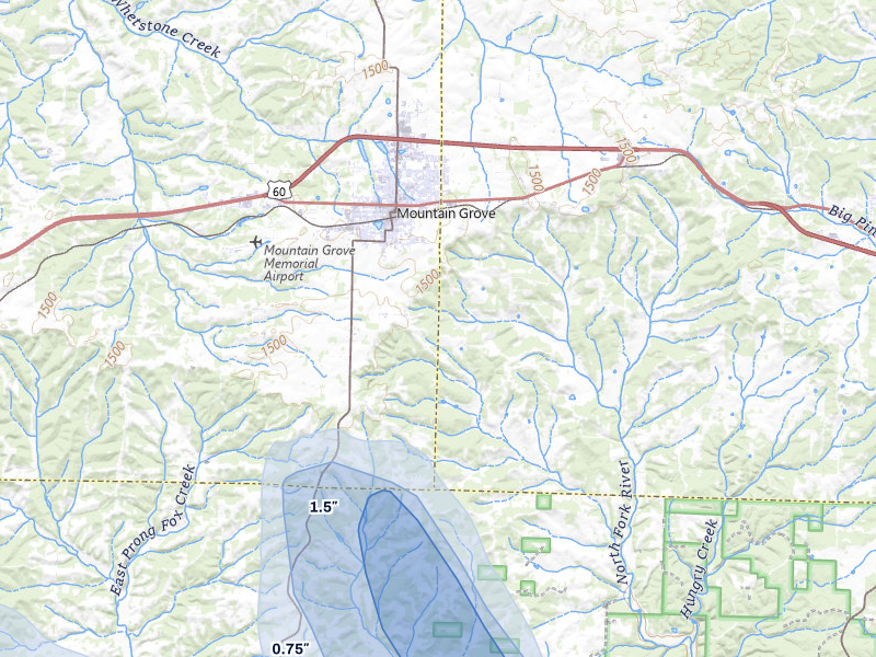 NEXRAD radar-signature map of the hail storm over Mountain Grove, MO on Jun 1, 2026