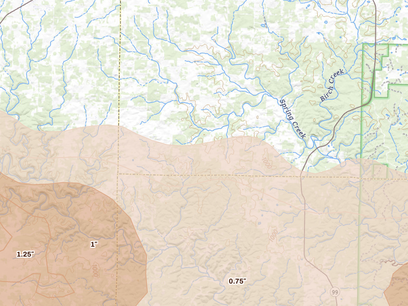 Radar-estimated hail-size map of the storm over Mountain View, MO on Apr 27, 2026