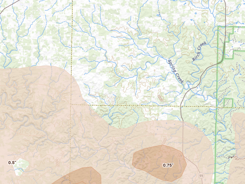 Radar-estimated hail-size map of the storm over Mountain View, MO on Apr 28, 2026