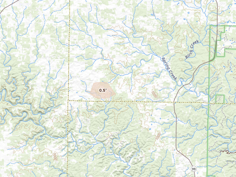 Radar-estimated hail-size map of the storm over Mountain View, MO on Jul 6, 2026