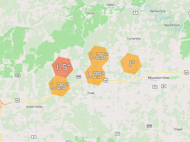 Hail map of Mountain View, MO on Jul 10, 2026, hail up to 1.5"