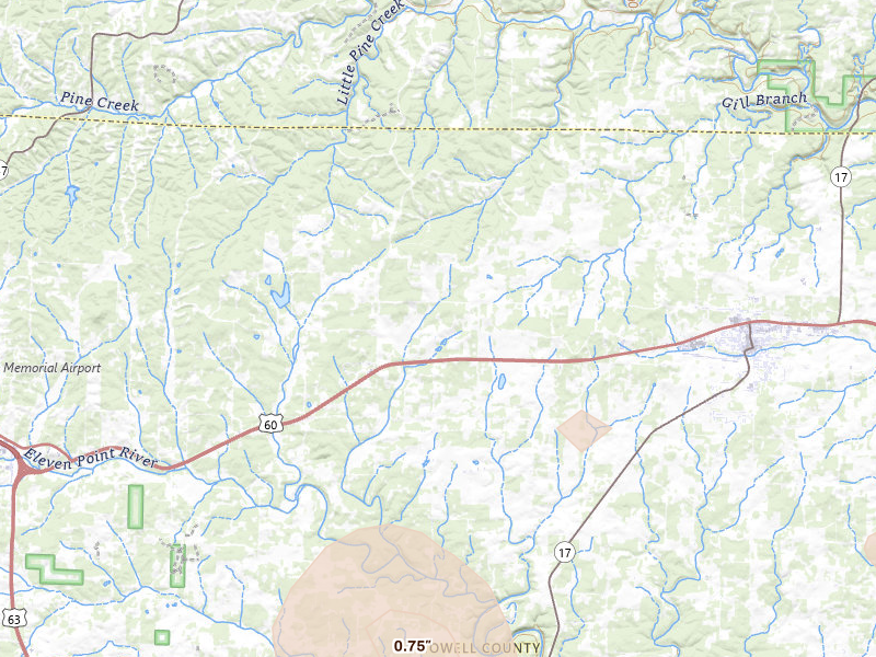 Radar-estimated hail-size map of the storm over Mountain View, MO on Aug 26, 2026
