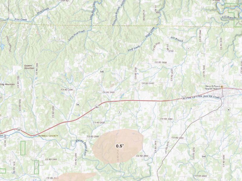 Radar-estimated hail-size map of the storm over Mountain View, MO