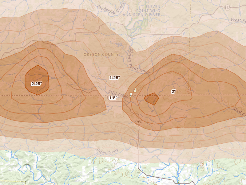 Radar-estimated hail-size map of the storm over Myrtle, MO on Apr 16, 2026