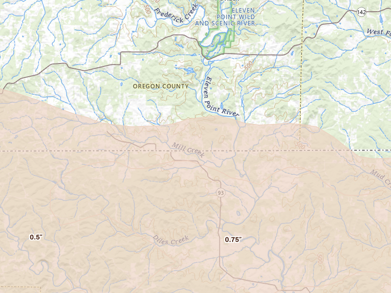 Radar-estimated hail-size map of the storm over Myrtle, MO on Apr 27, 2026