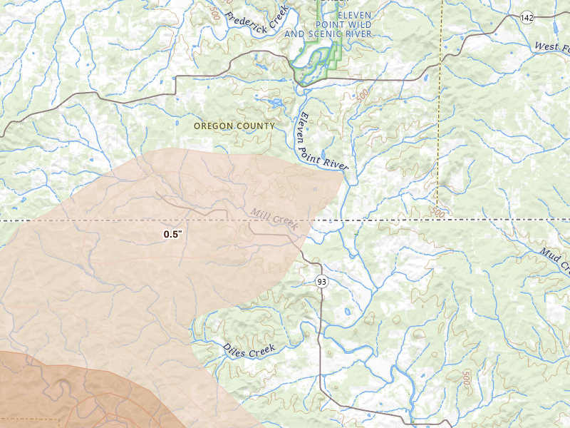 Radar-estimated hail-size map of the storm over Myrtle, MO on May 31, 2026