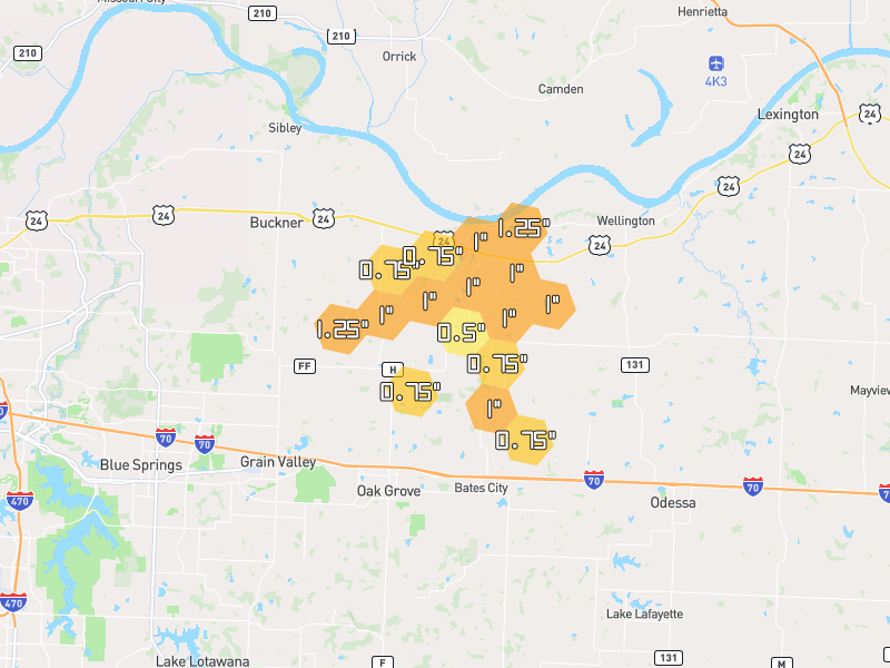 Hail map of Napoleon, MO on Jun 1, 2026, hail up to 1.25"