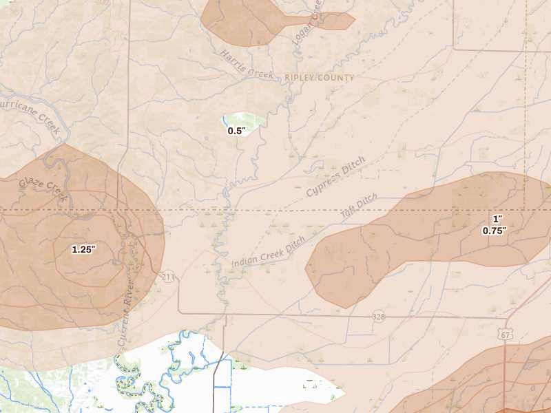 Radar-estimated hail-size map of the storm over Naylor, MO on Apr 16, 2026