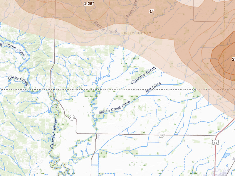 Radar-estimated hail-size map of the storm over Naylor, MO on Apr 28, 2026