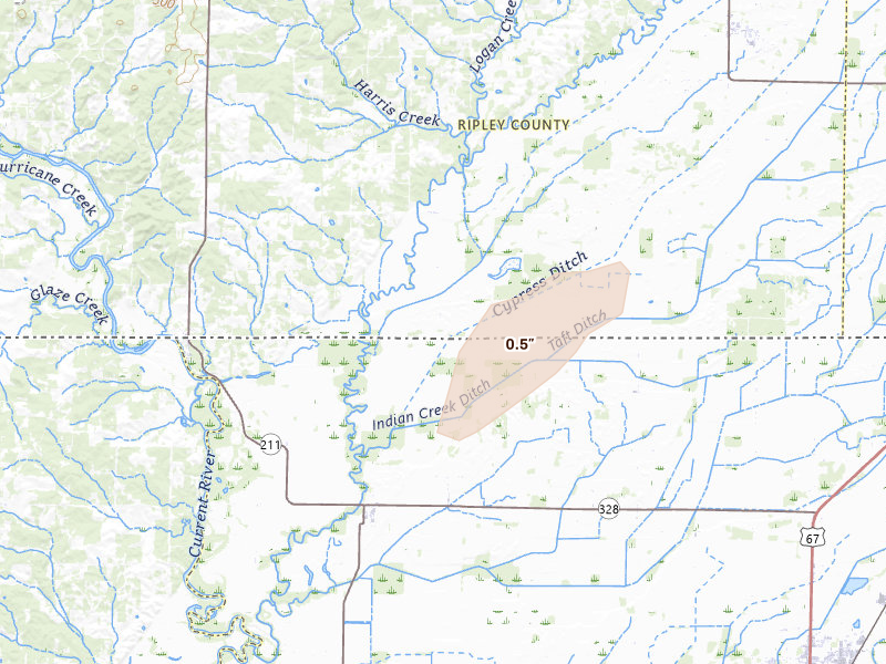 Radar-estimated hail-size map of the storm over Naylor, MO on Jun 25, 2026