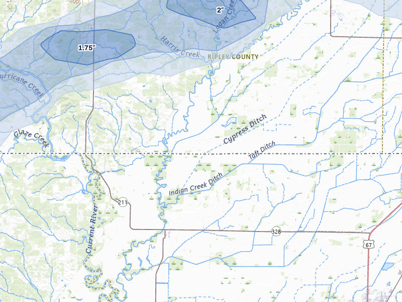 NEXRAD radar-signature map of the hail storm over Naylor, MO on Jul 9, 2026