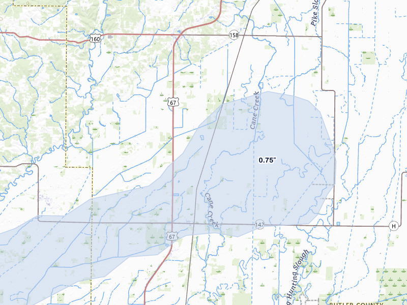 NEXRAD radar-signature map of the hail over Neelyville, MO