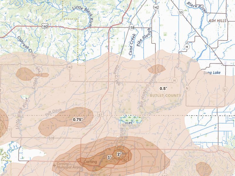 Radar-estimated hail-size map of the storm over Neelyville, MO on Apr 16, 2026
