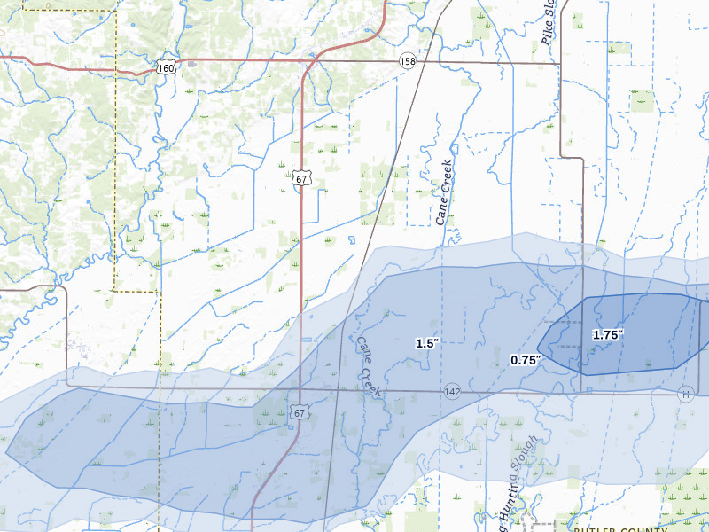 NEXRAD radar-signature map of the hail over Neelyville, MO