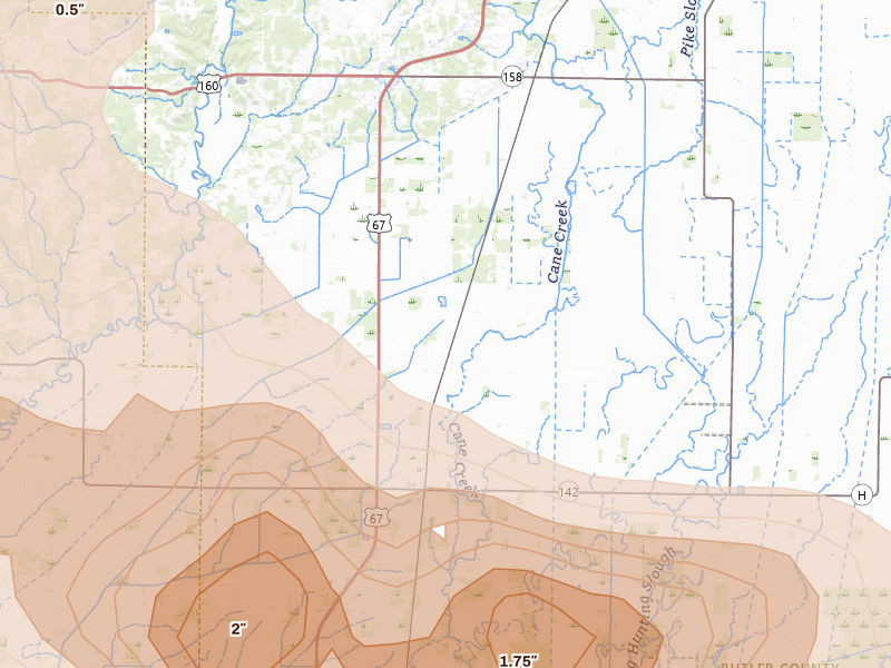 Radar-estimated hail-size map of the storm over Neelyville, MO on Apr 28, 2026