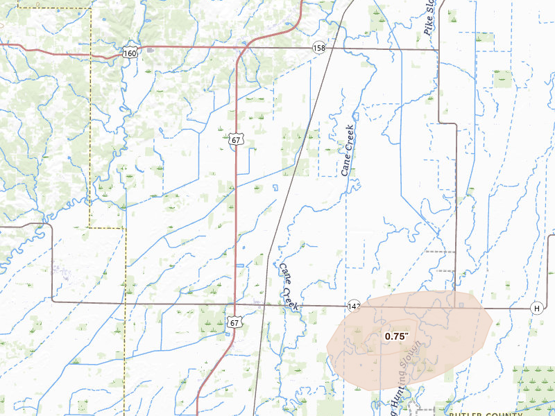 Radar-estimated hail-size map of the storm over Neelyville, MO on Jun 9, 2026