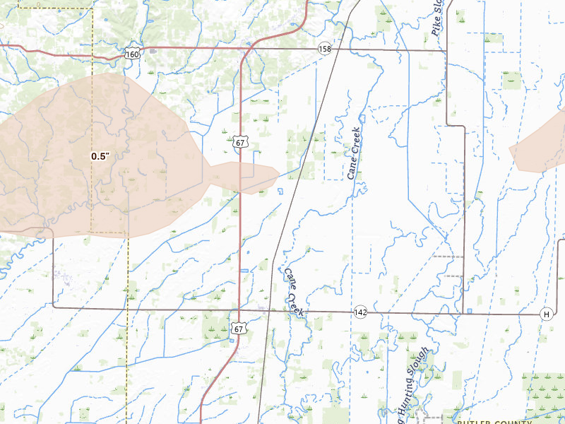 Radar-estimated hail-size map of the storm over Neelyville, MO on Jun 11, 2026