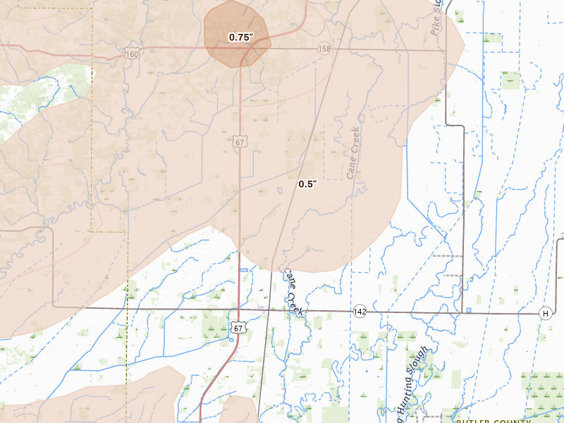 Radar-estimated hail-size map of the storm over Neelyville, MO on Jul 9, 2026