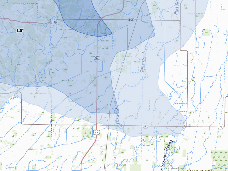NEXRAD radar-signature map of the hail storm over Neelyville, MO on Jul 9, 2026