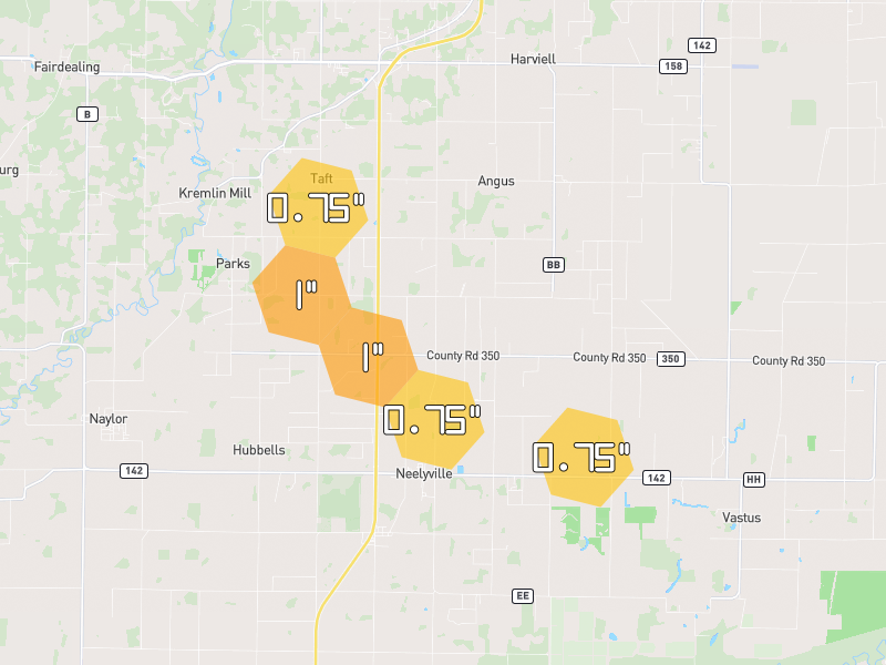 Hail map of Neelyville, MO on Jul 9, 2026, hail up to 1"
