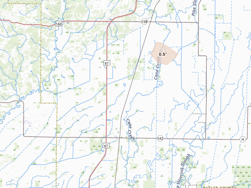 Radar-estimated hail-size map of the storm over Neelyville, MO on Jul 10, 2026