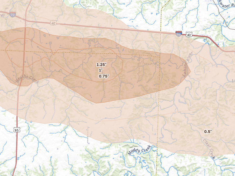 Radar-estimated hail-size map of the storm over Nelson, MO on Jun 17, 2026