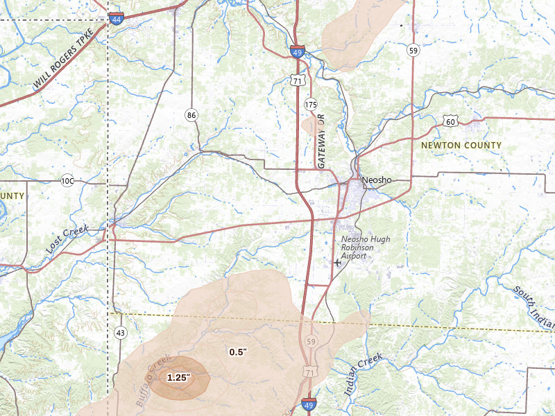 Radar-estimated hail-size map of the storm over Neosho, MO on Mar 6, 2026