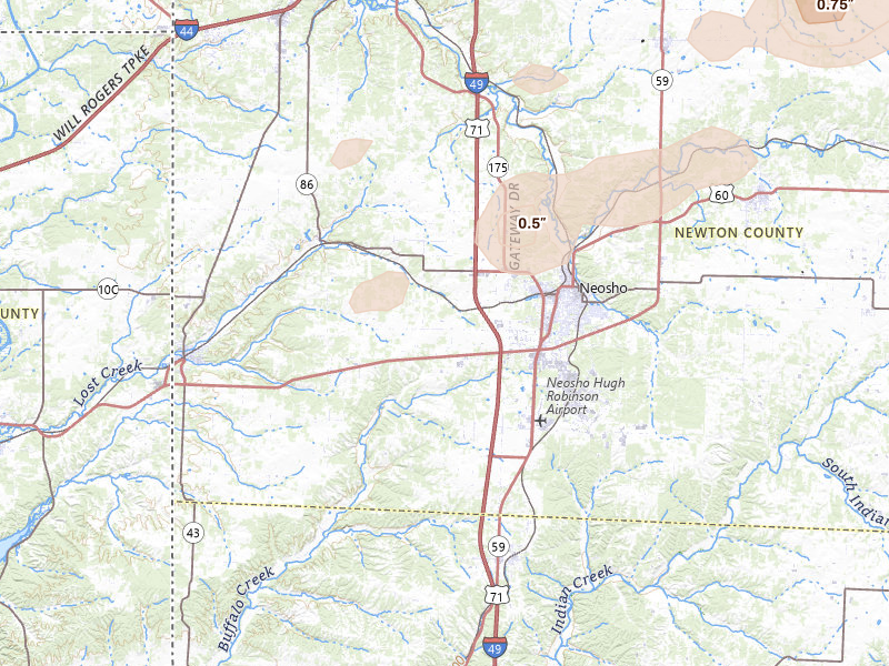 Radar-estimated hail-size map of the storm over Neosho, MO on Apr 27, 2026