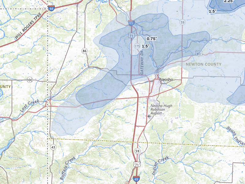 NEXRAD radar-signature map of the hail over Neosho, MO