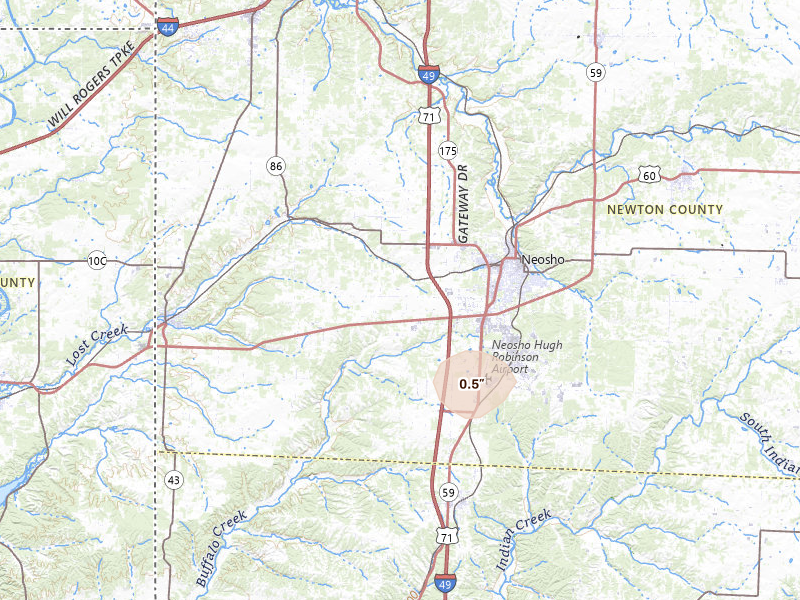 Radar-estimated hail-size map of the storm over Neosho, MO on May 30, 2026