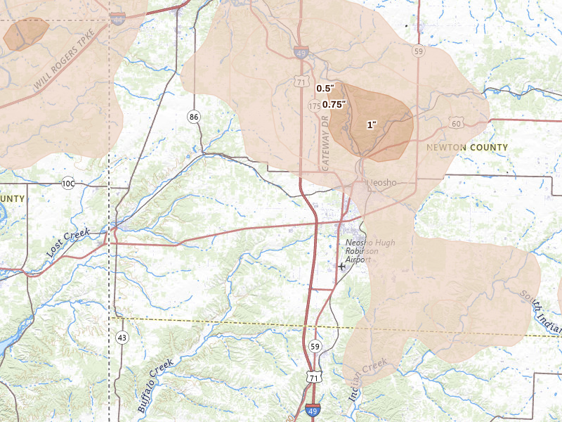 Radar-estimated hail-size map of the storm over Neosho, MO on Jun 7, 2026