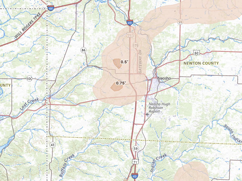Radar-estimated hail-size map of the storm over Neosho, MO on Jul 4, 2026