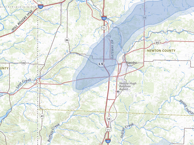 NEXRAD radar-signature map of the hail over Neosho, MO