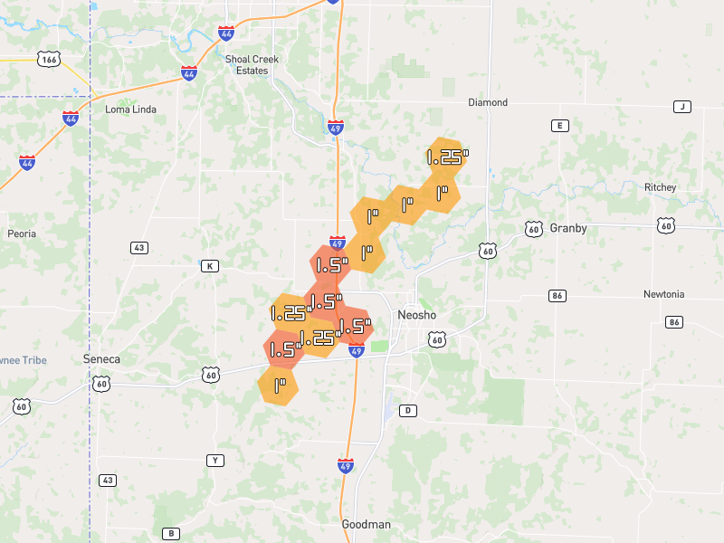Hail map of Neosho, MO on Jul 5, 2026, hail up to 1.5"