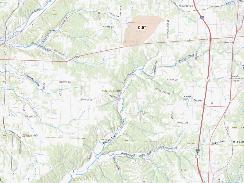 Radar-estimated hail-size map of the storm over Neosho, MO