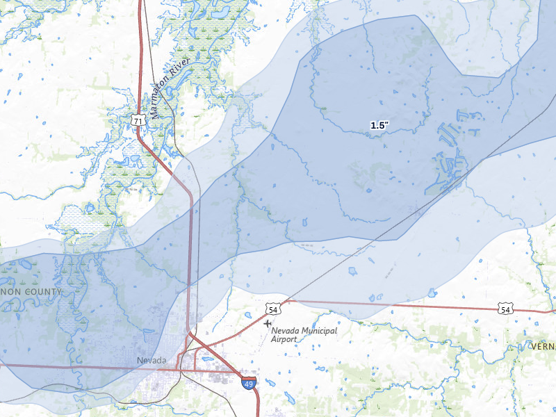 NEXRAD radar-signature map of the hail over Nevada, MO