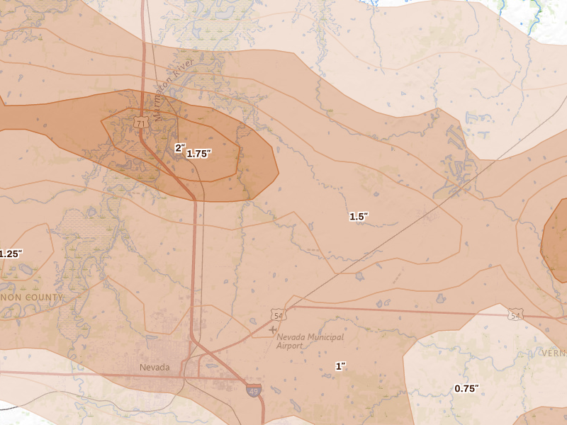 Radar-estimated hail-size map of the storm over Nevada, MO on Apr 26, 2026